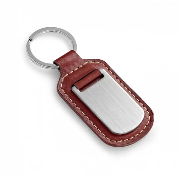 Chaveiro Couro Marrom com Placa Metálica Personalizado Marrom