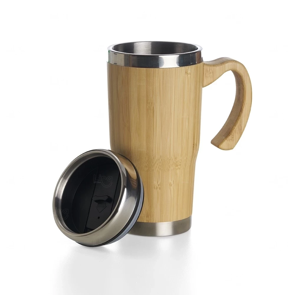 Caneca Bambu e Inox 500ml com Tampa Personalizada 