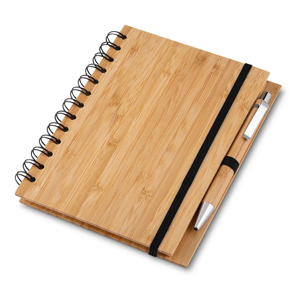 Caderno B6 Capa em Bambu com Caneta Personalizado 